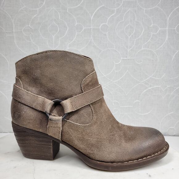 Born Carmel Harness Strap Ankle Boots Womens 8 Taupe Suede Leather Western - Picture 1 of 15
